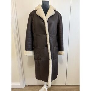 Vintage Sheepskin Shearling Coat Brown Cream Long Winter Jacket Women's S/M